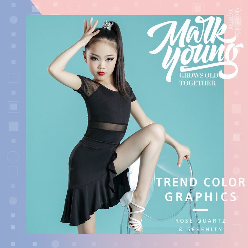 Bộ Trang Phục Khiêu Vũ Latin Ngắn Tay Màu Đen Dành Cho Bé Gái 8.19