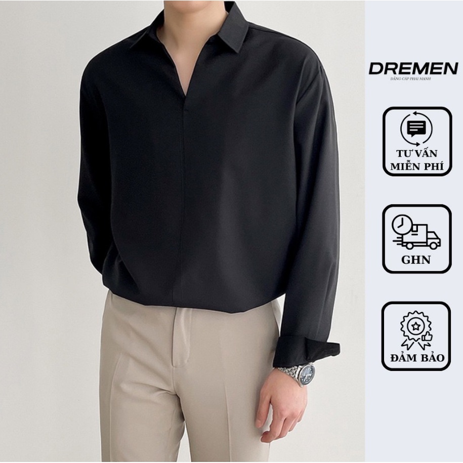 Sơ mi cổ V vải lụa ngọc trai CAO CẤP, Áo sơ mi form rộng Unisex nam nữ tay dài Hàn Quốc