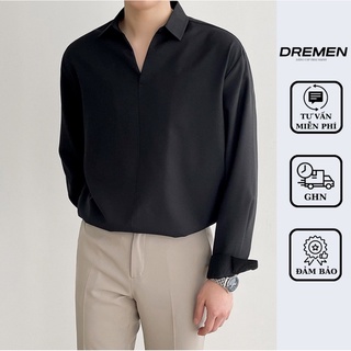 Sơ mi cổ V vải lụa ngọc trai CAO CẤP, Áo sơ mi form rộng Unisex nam nữ tay dài Hàn Quốc