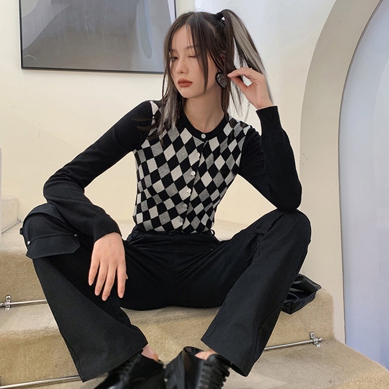 Áo Cardigan Dệt Kim Tay Dài Cổ Tròn Phong Cách Retro