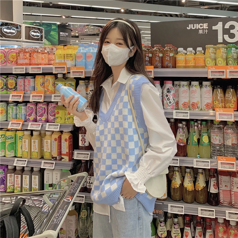 Áo gile len nữ ulzzang hàn quốc họa tiết kẻ ô freesize MINHU CLOTHES - AL04