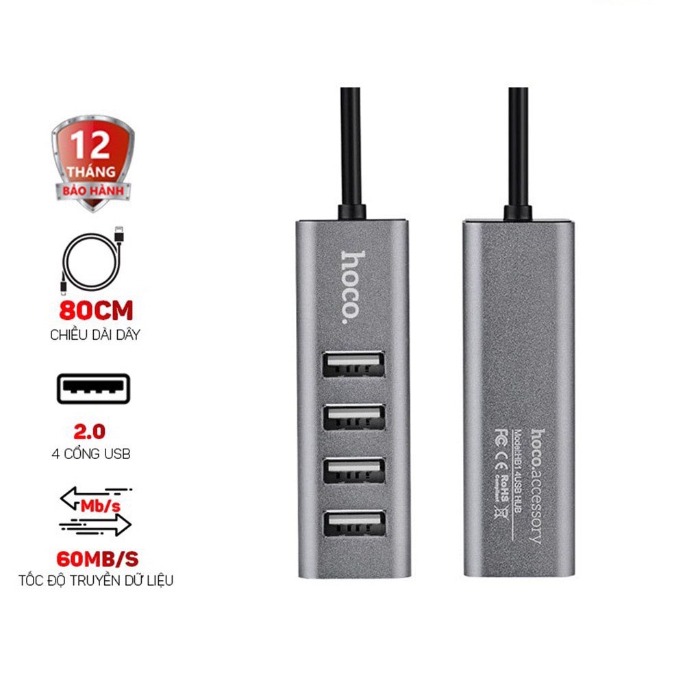 Hub chia 4 cổng USB Hoco HB1, bộ chia cổng USB hàng chính hãng, bộ chuyển đổi USB tiện lợi, bảo hành 1 năm