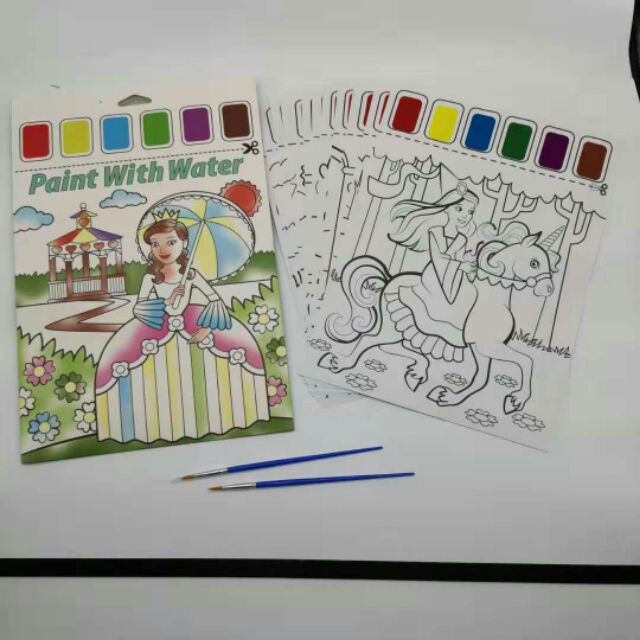 Bộ 6 tranh tô màu cho bé làm quen với màu nước (có kèm màu và cọ)