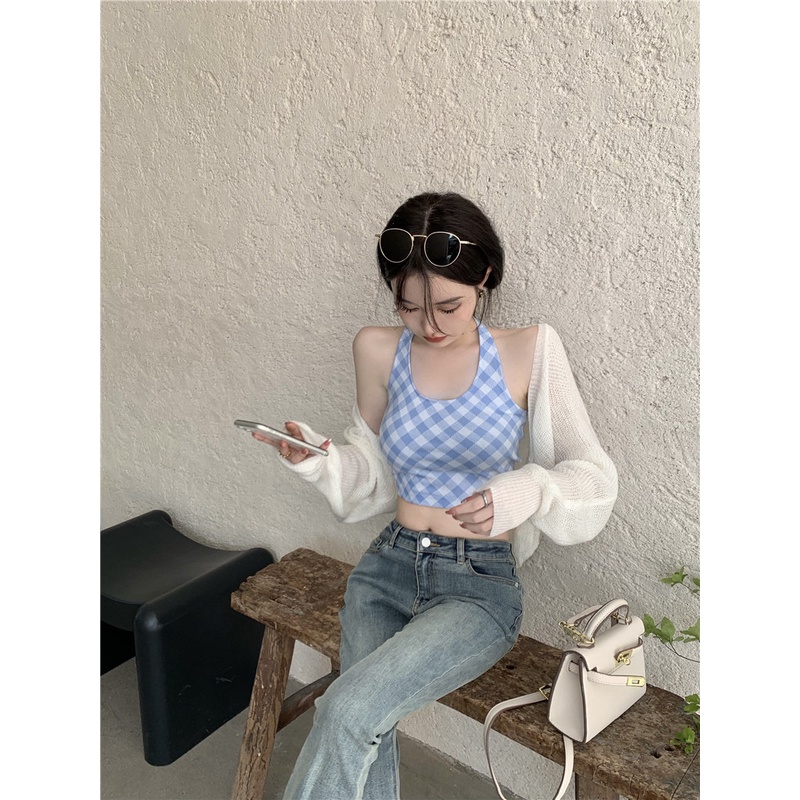 Áo hai dây Cổ Yếm Kẻ Sọc Caro Nhiều Màu Sắc Ngọt Ngào Kiểu Mỹ Cổ Điển