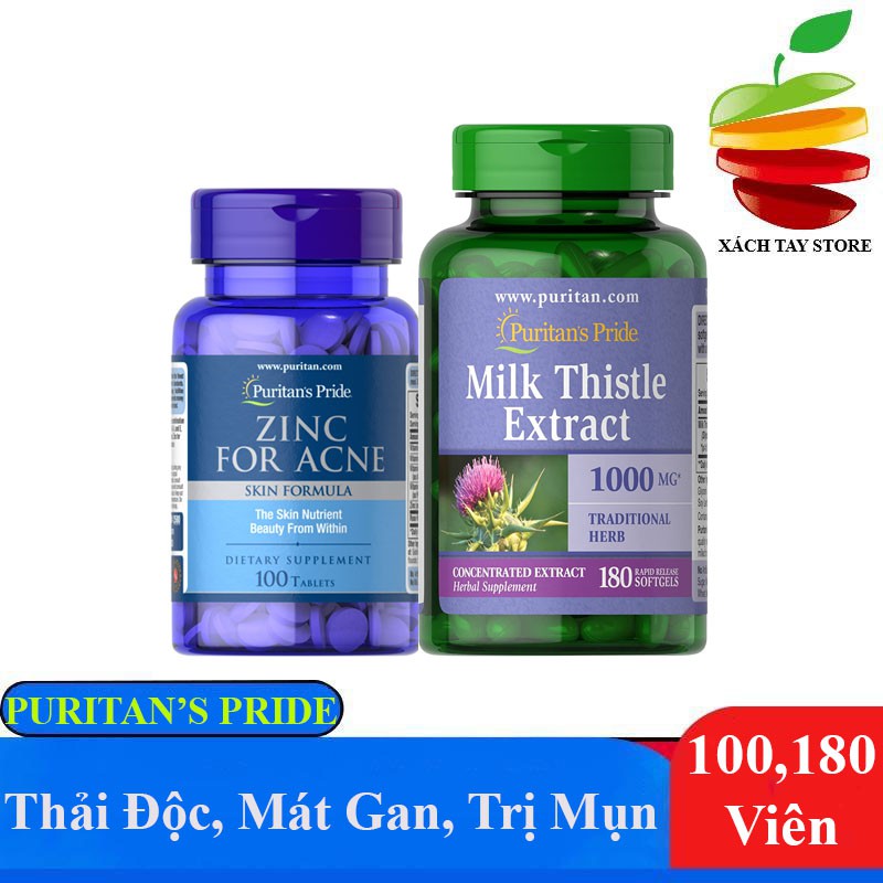 Combo Thải Độc Mát Gan - Mụn Puritan's Pride - Zinc for acne 100v Và Milk thistle 100mg 180v