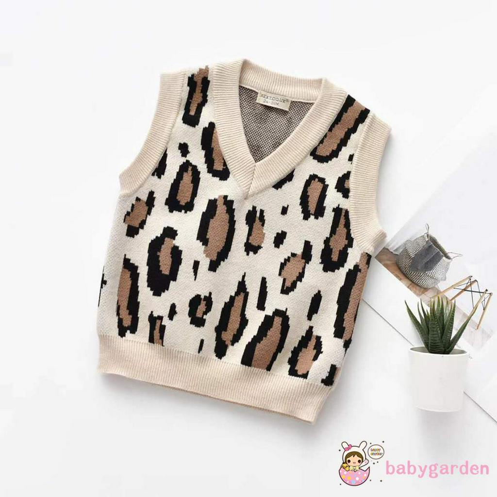Áo Khoác Len Không Tay Cổ Chữ V Họa Tiết Da Báo Cho Bé Trai