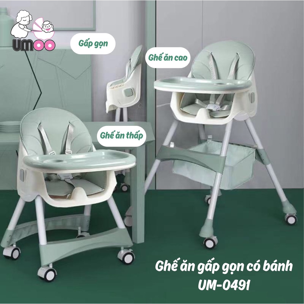 [CHÍNH HÃNG] Ghế ăn dặm UMOO gấp gọn, có bánh xe UM-0491 (mẫu mới)