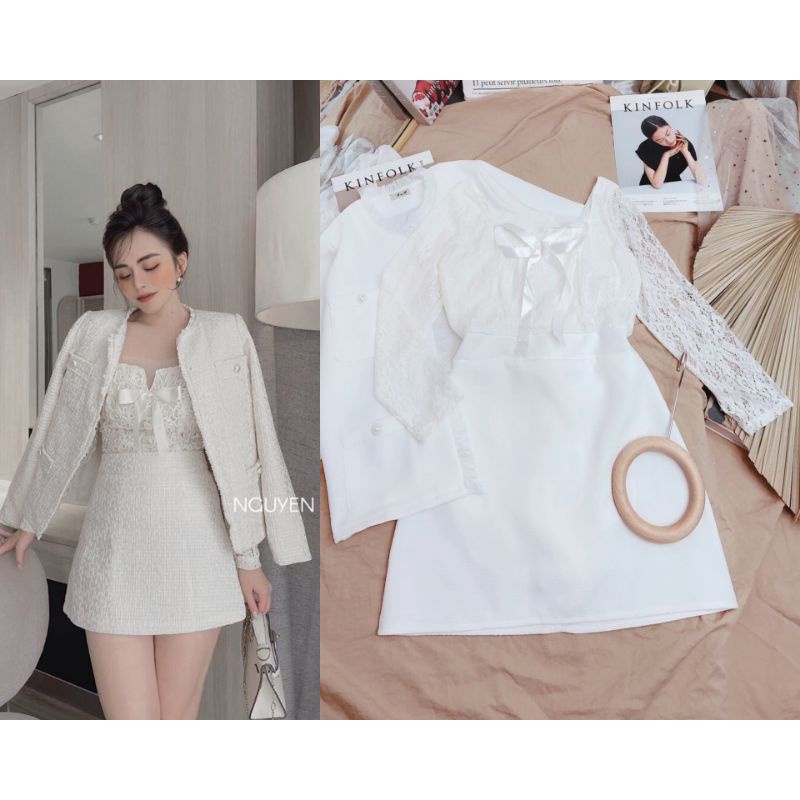 Hình Thật - Set Đầm Ren Dài Tay + Áo Khoác Bố Sang Trọng 💗 Beleza