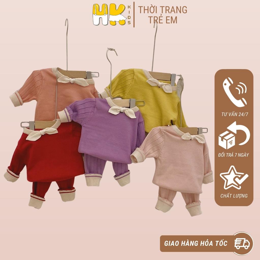 Bộ len cho bé HK KIDS, chất len cao cấp mềm mịn, cổ đính nơ xinh xắn cho bé gái từ 0-3 tuổi (mã 0183)