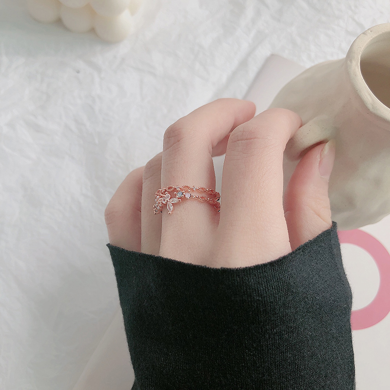 Nhẫn hở hai lớp màu vàng hồng hình bông hoa đính đá zircon thời trang cá tính cho nữ