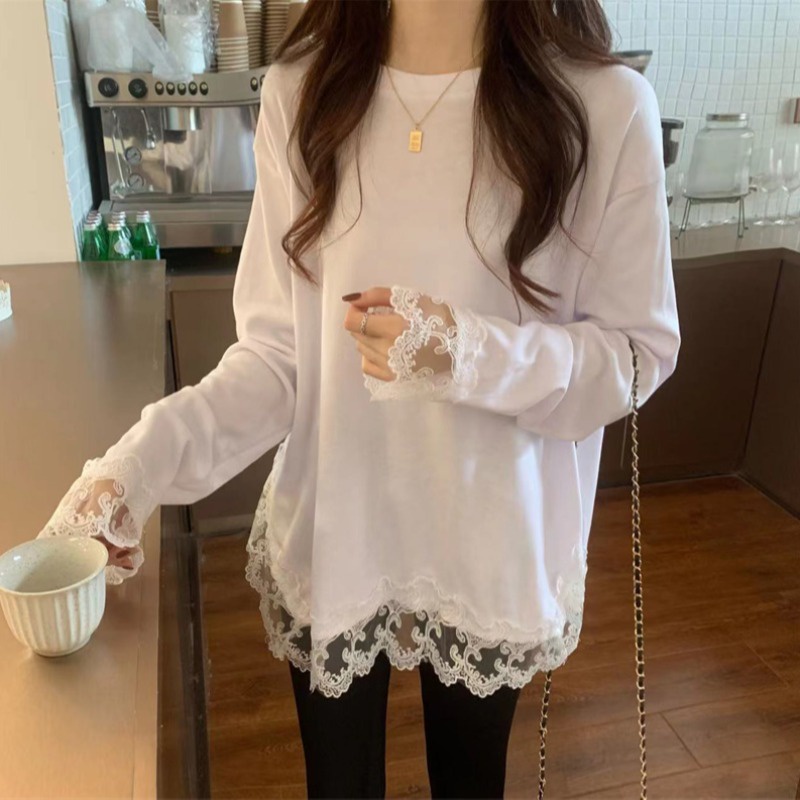 SUXI Áo Thun Tay Dài Cổ Tròn Phối Ren Màu Sắc Đơn Giản Thời Trang Xuân Thu