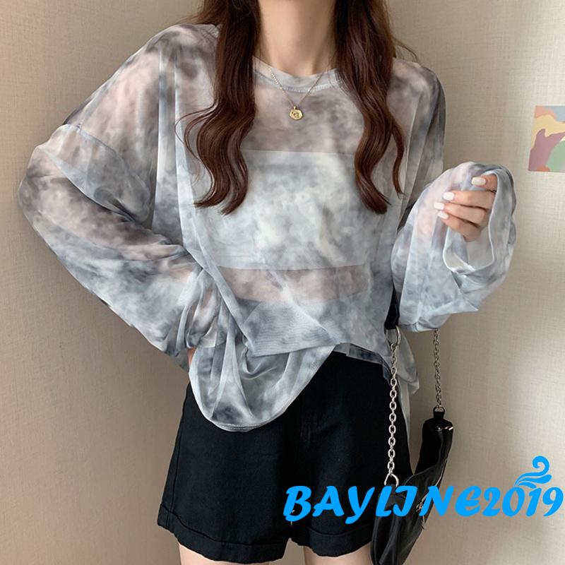Áo Thun Tay Dài Cổ Tròn Xuyên Thấu Họa Tiết Màu Loang Thời Trang Đường Phố Cho Nữ