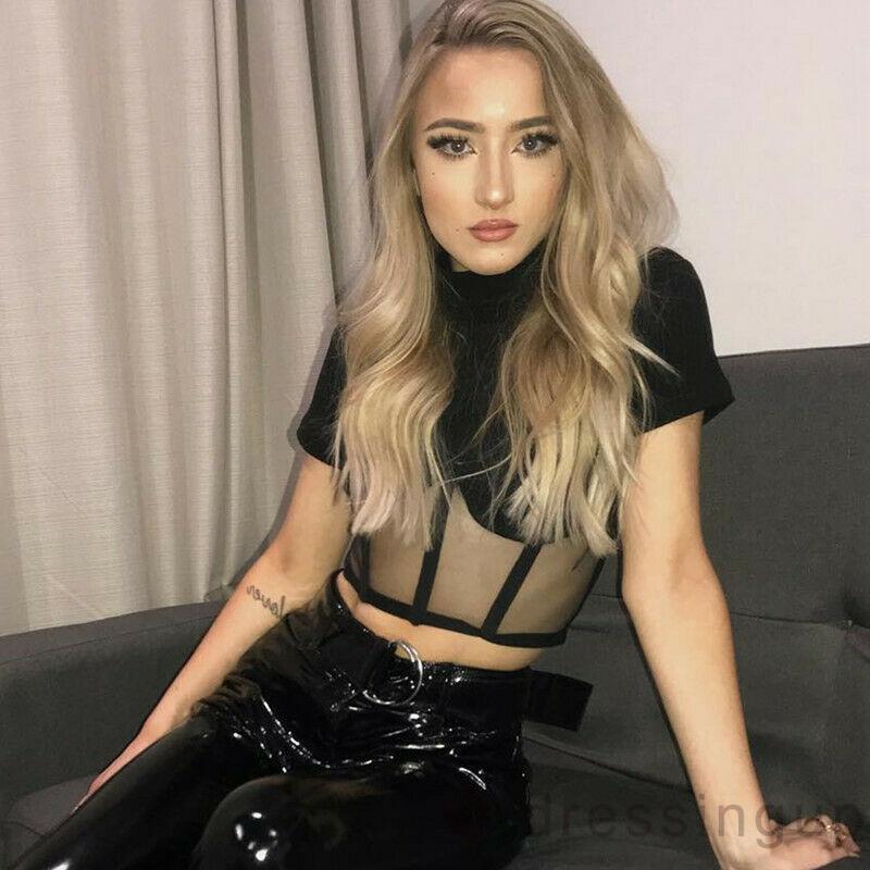 Áo ngắn tay màu đen phối vải lưới thời trang cho nữ mặc hàng ngày