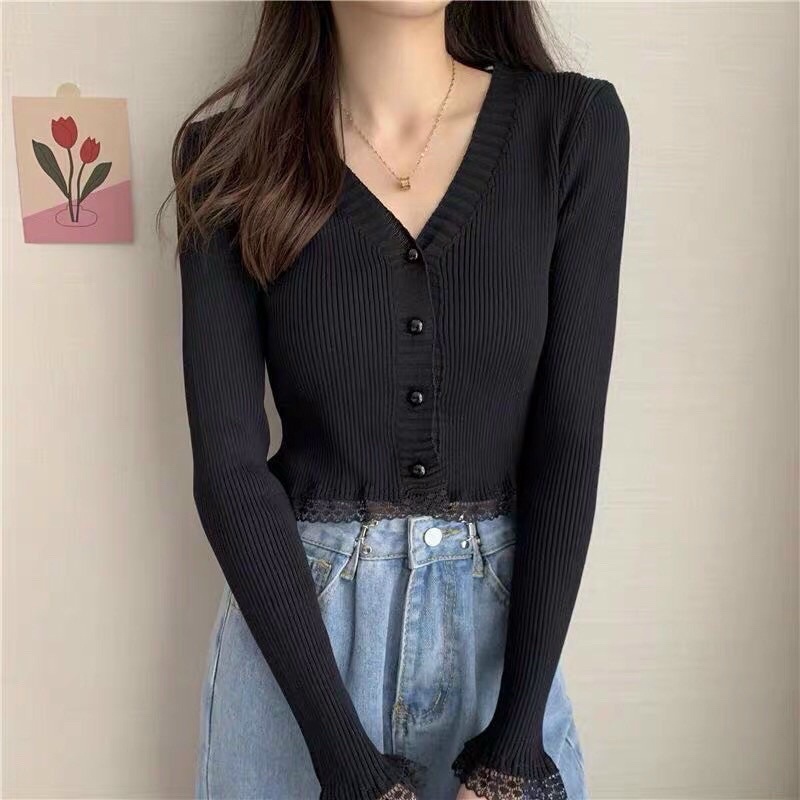 Áo len tăm chân ren cài khuy dáng cadigan dài tay