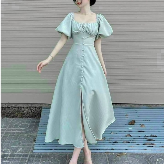 đầm maxi dáng xòe cổ vuông tay phồng đính nút bọc kiểu đầm tiểu thư dự tiệc sang trọng thanh lịch thời trang nữ ARAVA