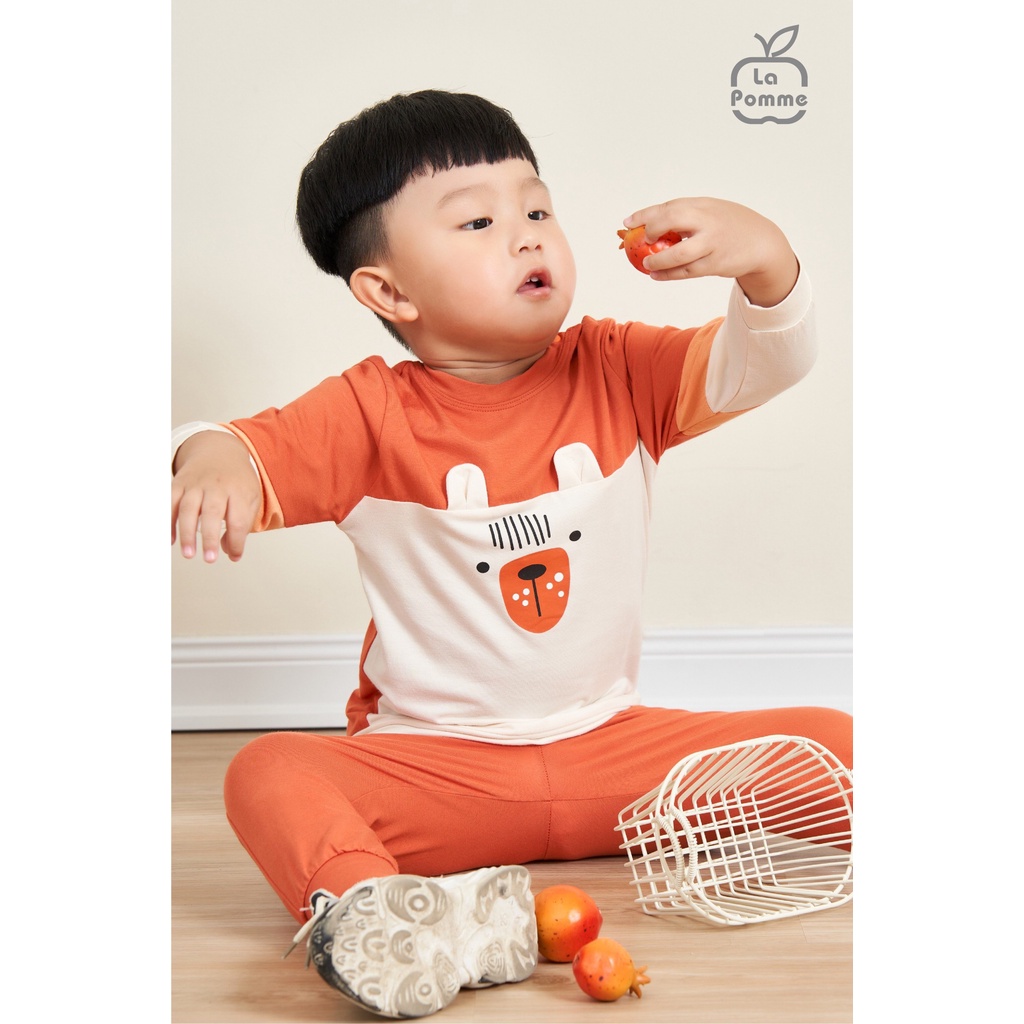 Bộ quần áo dài tay La Pomme phối màu mặt gấu dành cho bé trai bé gái mặc điều hòa