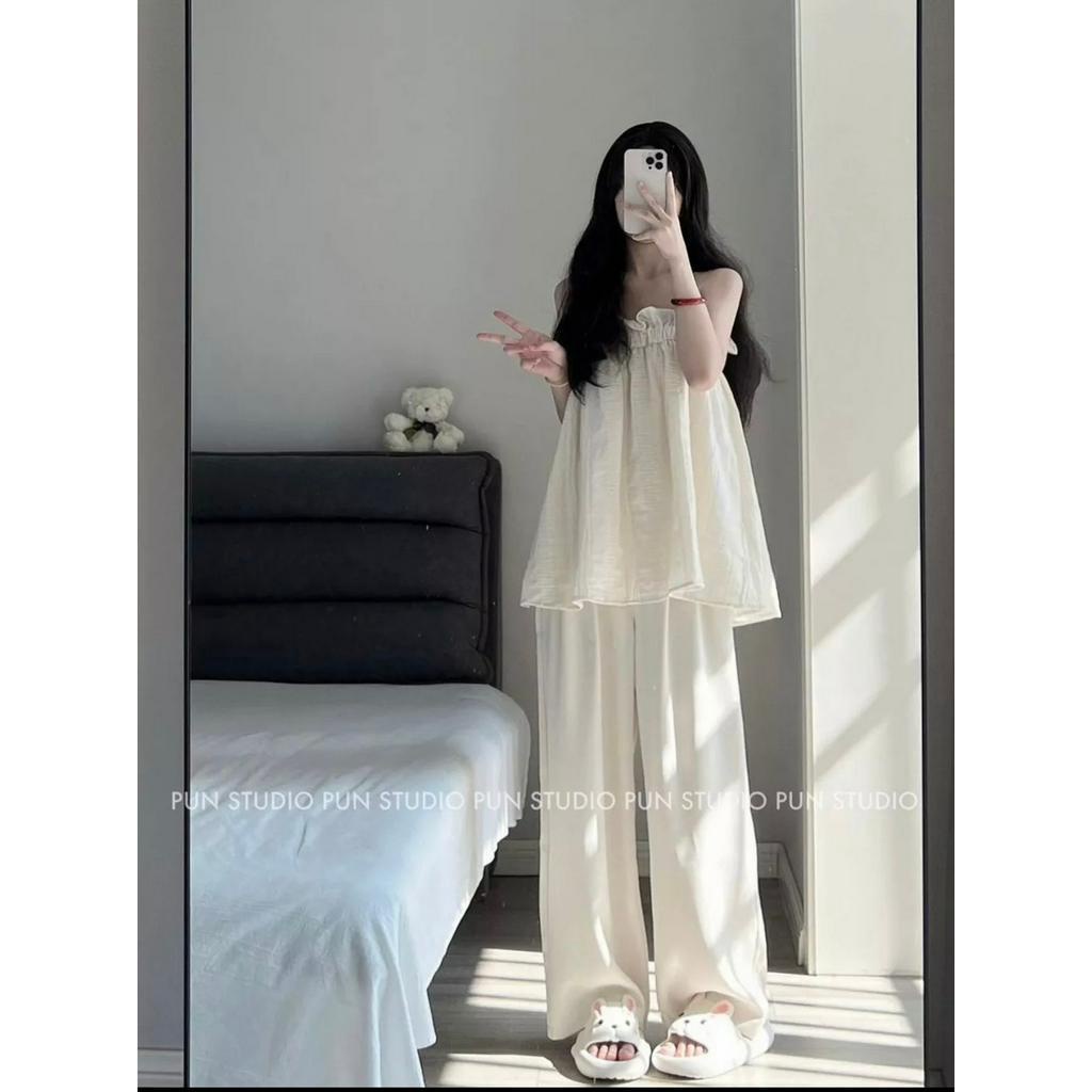 Set áo quây chun ngực viền bèo kèm quần ống suông đi biển chất gân tăm
