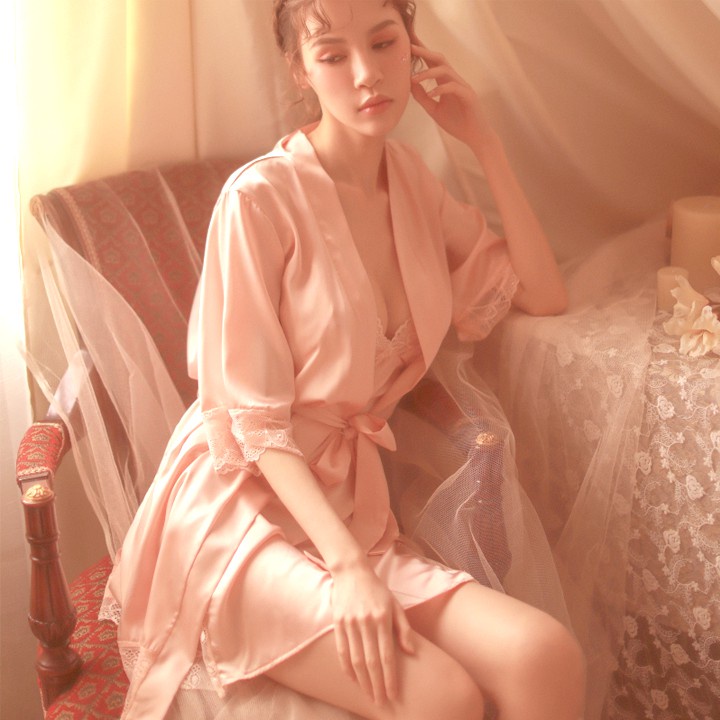 Áo choàng kimono lụa phối ren hàng nhập cao cấp (Màu cam sữa - không kèm váy bên trong) - HÀNG MỚI VỀ