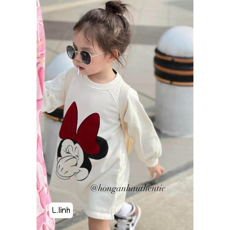 Váy Mickey cho bé gái chất nỉ ấm, váy suông qua gối thể thao màu be sữa tay dai cổ tròn thu đông thời trang