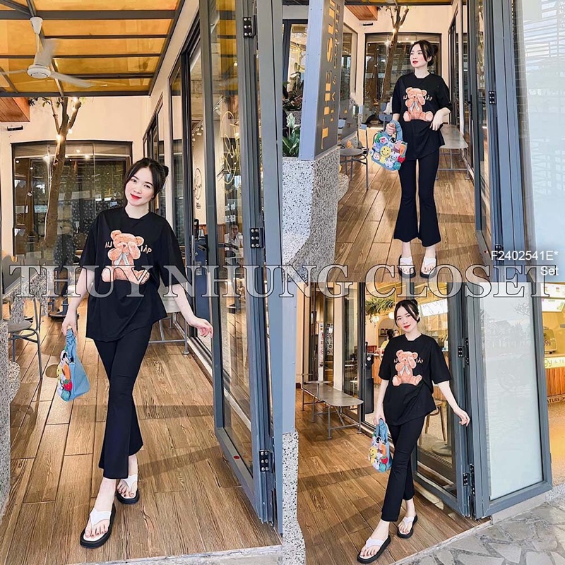 Set bộ áo thun gấm form rộng tay con phối quần dài đen ống loe!