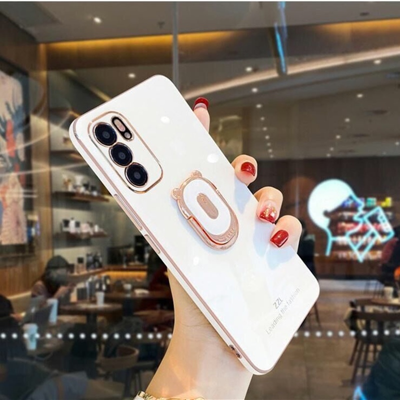 Ốp điện thoại viền dẻo mạ màu kèm giá đỡ hình chú gấu cho OPPO RENO6 RENO6 Z 5G RENO6 PRO 5G RENO6 5G