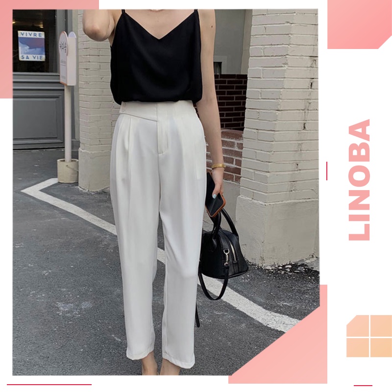 Quần baggy nữ lưng cao LINOBA, Quần Baggy Nữ trắng 2 khuy thời trang cao cấp công sở đẹp QT05