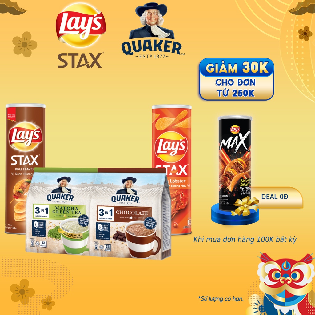 Combo: Yến mạch Quaker Vị Matcha 336G +Chocolate 420G &amp; Lay's Stax Thái Vị Sườn nướng BBQ + Tôm hùm nướng ngũ vị 160/hộp