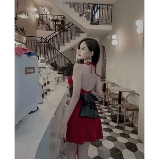 Đầm nữ cổ yếm cột nơ phối voan phù hợp đi chơi , đi dạo phố Blue.Fashion