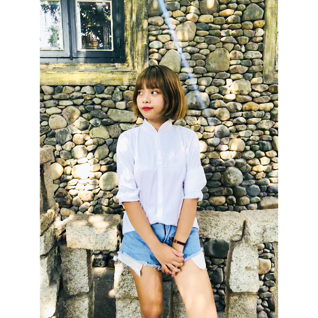 FREESHIP - Áo sơ mi nữ cổ trụ cao cấp màu trắng