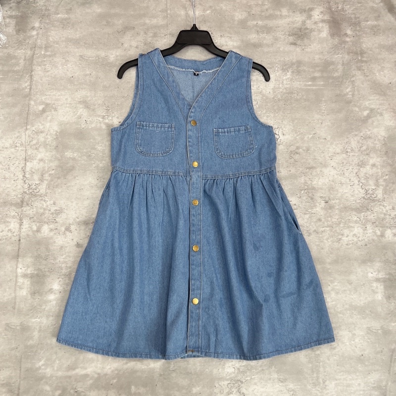 Váy bò sát nách xanh nhạt, chất jean mền đầm dáng xoè-Minxy shop
