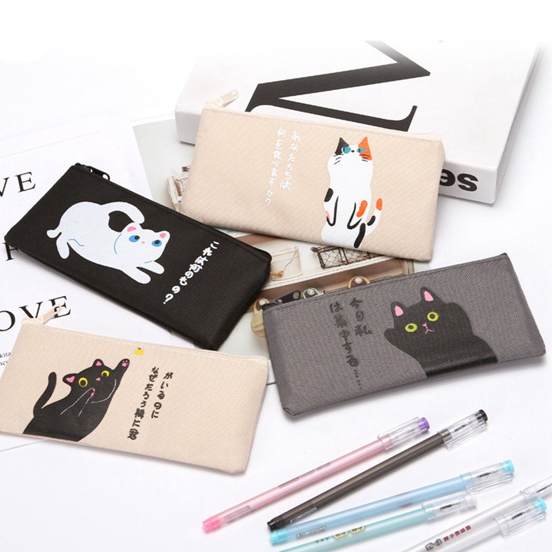 Túi đựng bút/ đồ trang điểm vải canvas màu đen in hình hoạt hình dễ thương