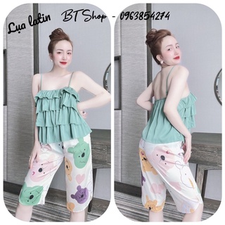 Đồ ngủ mặc nhà lụa latin 2 dây bèo tầng quần lững hoạ tiết freesize 42-57kg
