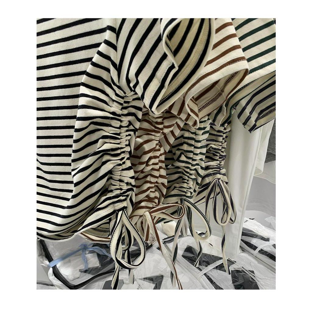 Áo Thun Tay Ngắn Rút Dây Họa Tiết Kẻ Sọc Phong Cách Retro 61728