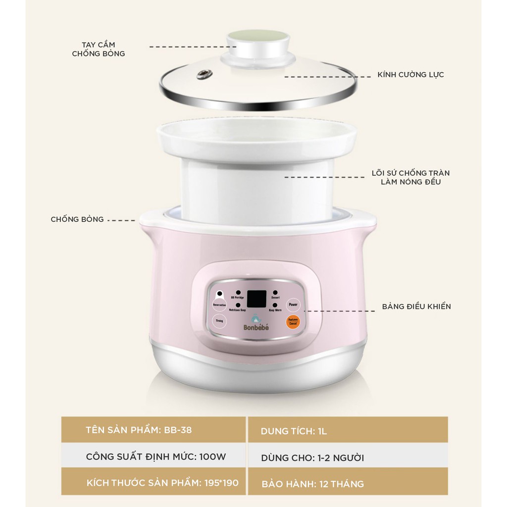 Nồi nấu chậm đa năng Bonbebe BB-38 thông minh mẫu mới