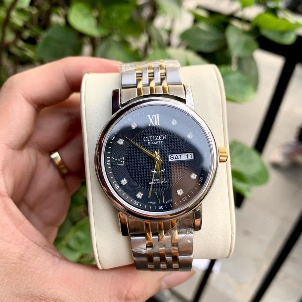 Đồng Hồ Nam Citizen Sapphire CZ021 Mặt ĐEN Cọc Đá Chạy 2 lịch Chống Xước TUYỆT ĐỐI