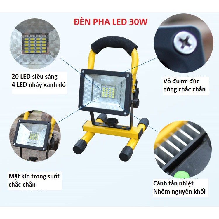 Đèn pha LED đa năng siêu tiết kiệm điện 30W chống nước IP65 (Tùy chọn Pin)