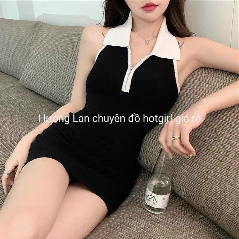0027-Đầm ba lỗ nữ ôm body kiểu cổ bẻ phối dây kéo khoá trụ chất vải thun Borip 4 chiều FreeSize HOT TREND-Hương Lan shop