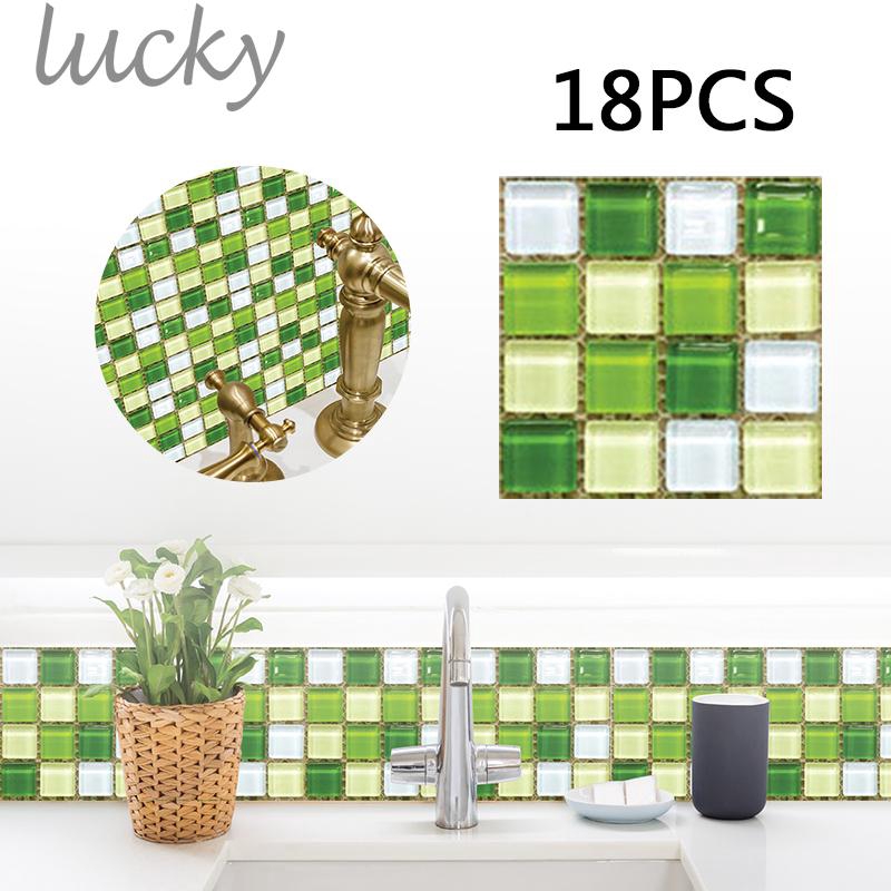 Bộ 18 miếng dán tường PVC họa tiết gạch mosaic chống thấm nước 10x10cm cho nhà bếp