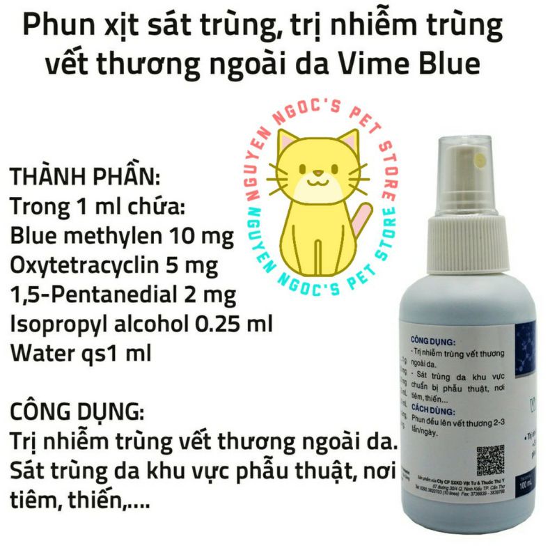 Dung dịch xịt sát trùng vết thương, vết mổ cho CHÓ MÈO VEMEDIM VIME-BLUE chai 100ml