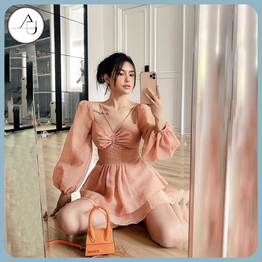 Đầm Tiểu Thư Tay Phồng AU.DESIGN Thiết Kế Sang Chảnh Lộng Lẫy Dáng Xòe Có Mút Ngực Màu Nude Freesize