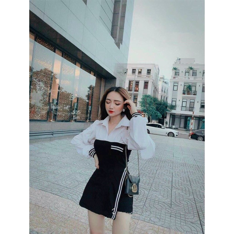 [Mã FAGREEN245 giảm 10% tối đa 30K đơn 99K] váy phối cổ sơ mi vạt xéo | BigBuy360 - bigbuy360.vn