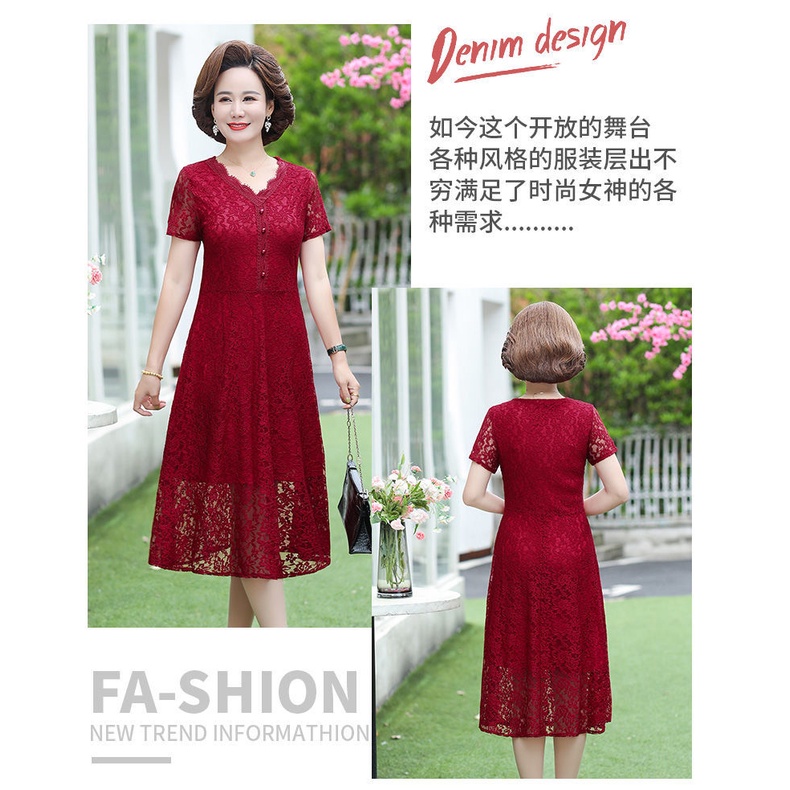 Đầm ren hai lớp tay ngắn có size lớn phong cách mùa hè thời trang cho phụ nữ trung niên