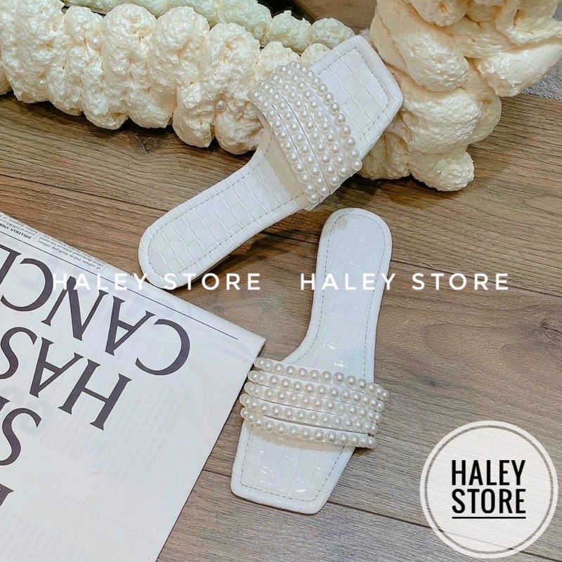 Dép lê đế bệt nữ HALEY STORE mũi vuông da bóng quai ngang đính ngọc xinh hotrend đi chơi đi biển đi trong nhà