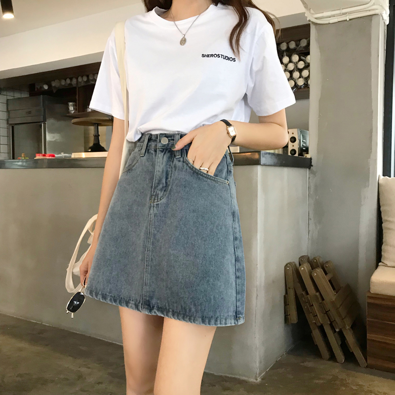 Chân váy Xiaozhainv chất jean form chữ A lưng cao phong cách vintage Hàn Quốc trẻ trung