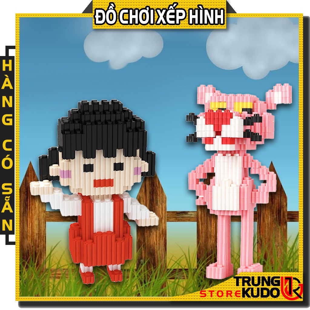 Mô hình Pink Panther Báo hồng và Chie Cô bé hạt tiêu dạng đồ chơi xếp hình dùng làm quà tặng đồ Decor
