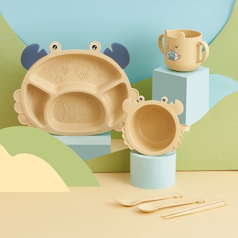 Khay Ăn Dặm Kiểu Nhật Chất Liệu Lúa Mạch Hình Cua Vàng Kèm Thìa Dĩa An Toàn Cho Bé YOOTA BABY