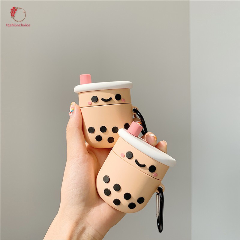 Bluetooth Headset Case Cute Cartoon Boba Tea with Keychain Silicone Dust-Proof Case For Airpods 1/2