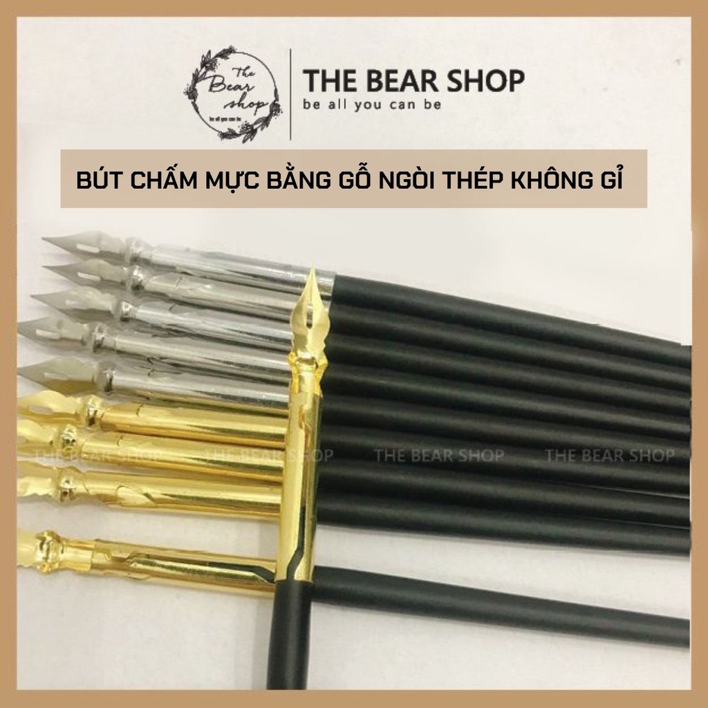 Bút máy bút chấm mực viết chữ đẹp kiểu dáng cổ điển màu vàng, màu bạc - The Bear Shop