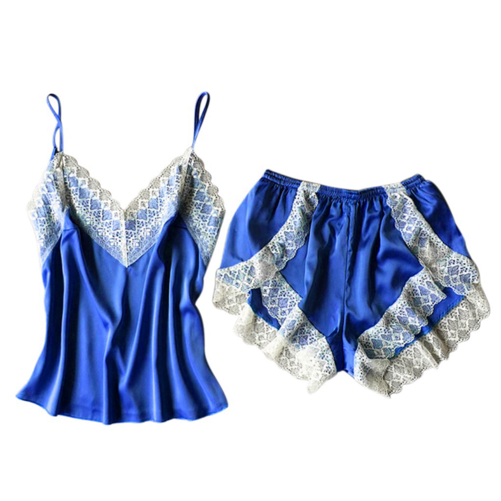 Bộ đồ ngủ phối ren hoa áo 2 dây cổ chữ V + quần ngắn quyến rũ cho nữ | BigBuy360 - bigbuy360.vn