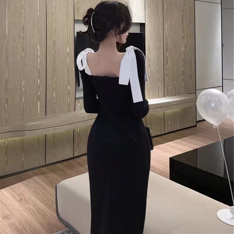Đầm midi PERTY cổ vuông xẻ tà thời trang mùa thu Hàn Quốc 2022 cho nữ